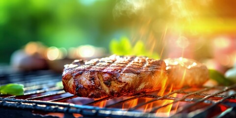 Wall Mural - beef ribeye steak grilling on flaming grill created with generative AI