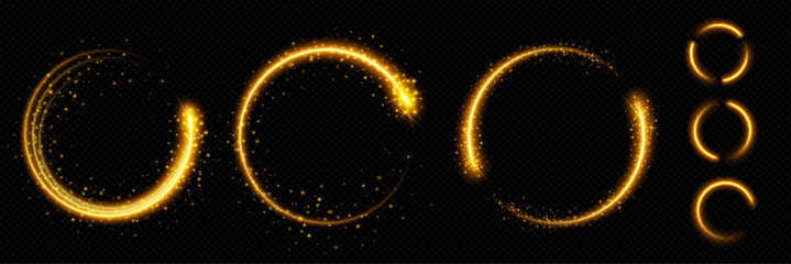Wall Mural - realistic set of golden light circles sparking on black transparent background. vector illustration 