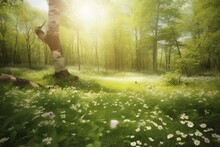  A Forest Filled With Lots Of Green Grass And White Flowers Next To A Tall Tree With A Sun Shining Through The Trees In The Background.  Generative Ai