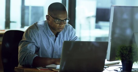 Leinwandbilder - Night, computer software or black man coding on web design, cloud computing or fintech in office. Information technology, laptop or worker programming data on internet or company website interface