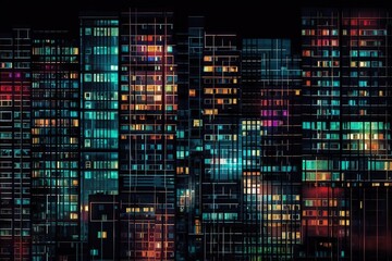  a large city filled with lots of tall buildings next to a night time sky line with colorful lights on it's windows and a black background.  generative ai