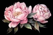  A Painting Of Two Pink Peonies With Leaves And Buds On A Black Background With A Green Stem And Leaves On The Bottom Of The Peonies.  Generative Ai
