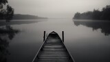 Fototapeta Przestrzenne -  a long dock with a row boat on a foggy lake.  generative ai