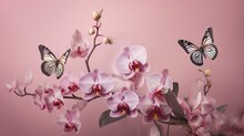  A Bunch Of Pink Orchids With A Butterfly Flying Over Them.  Generative Ai