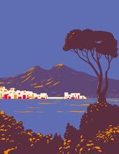 WPA Poster Art Of Pine Of Naples With A View Of The City And The Gulf Or Bay Of Naples With Mount Vesuvius In The Background At Dusk In Italy Done In Works Project Administration Or Art Deco Style.