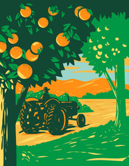 Wall Mural - WPA poster art of an orange grove in Central Florida with a farmer driving a vintage tractor and mountains in background done in works project administration or Art Deco style.