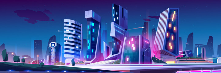 Wall Mural - Night future city building skyline background illustration. Futuristic cityscape of town with neon light. Cyber architecture glow perspective panorama with road. Purple skyscraper and spaceship in sky