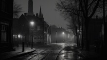  A Dark Street With A Clock Tower In The Background At Night.  Generative Ai