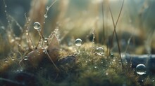  A Close Up Of Water Droplets On A Mossy Surface.  Generative Ai