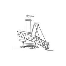 One Continuous Line Drawing Of Reclaimer In The Site Project Coal Shed. Construction Project Design Concept With Simple Linear Style. Construction Project Vector Design Illustration Concept.