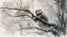  A Painting Of A Panda Bear Sitting On A Tree Branch.  Generative Ai