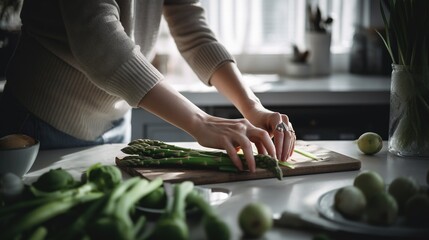 Wall Mural -  a woman is cutting asparagus on a cutting board.  generative ai