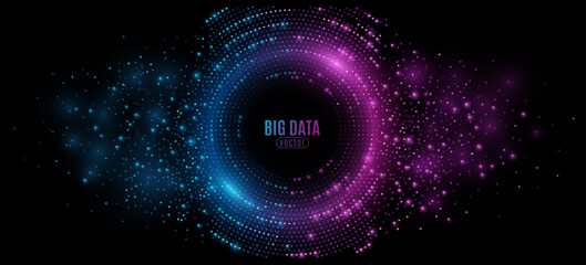 Futuristic digital circles of blue and purple glowing dots. Information particles in a neural network. Big data visualization into cyberspace. Vector illustration.