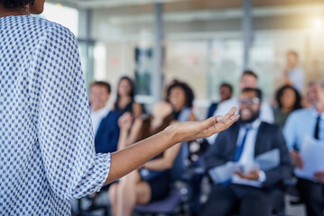 Poster - Presentation, hand and a woman as speaker at a conference for training or workshop. Business, corporate and a female manager speaking to a crowd at a seminar or convention for leadership or mentoring