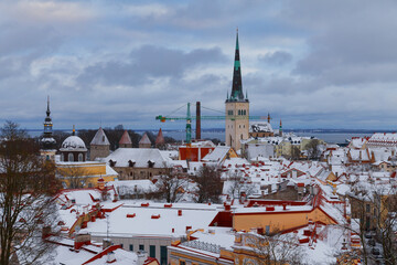 Wall Mural - TALLINN, ESTONIA - JAN 15, 2023: Snow-covered roofs of houses in old town of Tallinn after snowfall