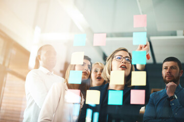 Aufkleber - Business people, teamwork and brainstorming ideas on glass for agenda, feedback and target in office. Woman, manager and employees planning schedule of project, timeline and mindmap with sticky note
