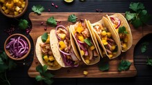  A Group Of Tacos Sitting On Top Of A Wooden Cutting Board.  Generative Ai
