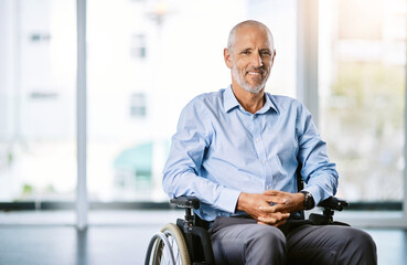 Healthcare, wheelchair and portrait of a man with a disability at a hospital for rehabilitation. Disabled, health insurance and a senior patient with a smile at a clinic for nursing and recovery care