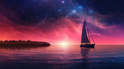 Poster - sailboat at sunset. Generative Ai