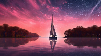 Poster - sailboat at sunset. Generative Ai