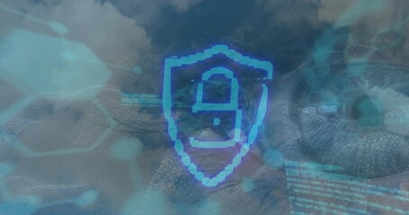 Wall Mural - Animation of padlock and data processing over blue eye