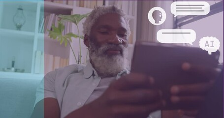 Poster - Animation of ai chat data processing over african american man using tablet