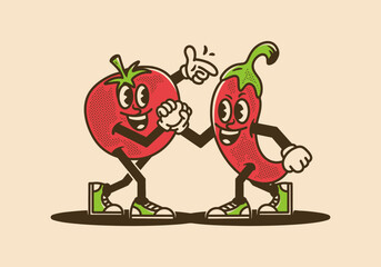 Poster - Vintage character design of tomato and chili