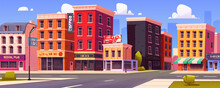 Cartoon City Street Corner With Buildings. Vector Illustration Of Apartment Houses, Pub, Bar, Cafe, Bookstore, Barbershop, Grocery Shop Facades, Ads Banners On Walls, Blue Sky. Town Neighborhood