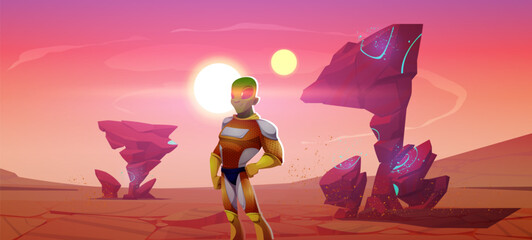 Wall Mural - Alien on fantasy planet in space vector landscape background. Mars desert ground illustration with moon and sun landscape. Red martian surface and rock terrain with sand. Cosmic game character.