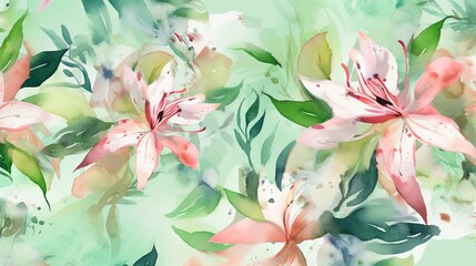   a watercolor painting of pink and green flowers on a green background.  generative ai