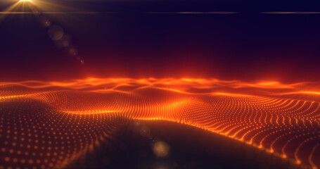 Wall Mural - Abstract orange energy surface with magic waves of particles and points with an endation background of blur and glow with an abstract background