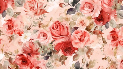   a watercolor painting of red roses on a pink background.  generative ai