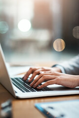 Aufkleber - Laptop, typing and hands of a person at desk for work, internet and connection at night. Business, corporate and a secretary or receptionist on a computer keyboard for late admin online in an office