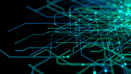 Computing Concept with Technical Grid. Blue and Green Futuristic Geometric Lines.