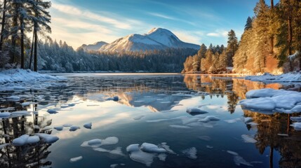 Crystal-clear lake nestled amidst a pristine landscape of towering pine trees. Majestic snow-capped mountains rise majestically against the canvas of a clear blue sky. Generative AI