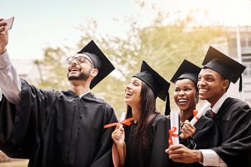 Poster - Selfie, graduation and college or university friends with diploma and happiness outdoor. Diversity men and women celebrate education achievement, success and future at school event as graduate memory