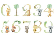 Watercolor Australian Animals Numbers For Invitation Card, Nursery Poster And Other.