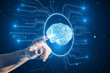 Artificial intelligence technology and datascientest concept with finger pushing button human brain icon virtual hologram on dark blue background