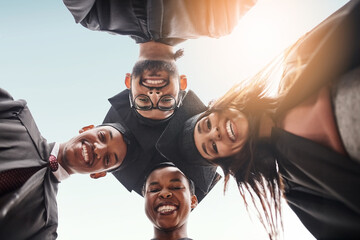 Poster - Graduation, students group and face portrait of college friends with a smile and pride outdoor. Below diversity men and woman excited to celebrate university achievement, education success and future