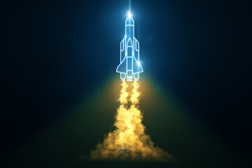 Wall Mural - illustration of a starting rocket with a flame in a neon style on a dark background. the beginning o