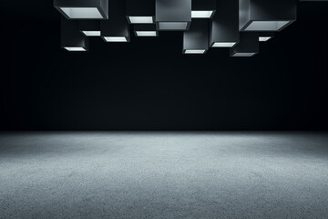 Front view of abstract empty concrete stage place with modern design ceiling, grey floor, and dark background. 3D Rendering, mockup