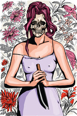 Wall Mural - Skull lady portrait with knife in her hands vector art tattoo design colored