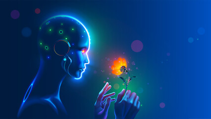 Leinwandbilder - AI face profile. Artificial intelligence in humanoid head take in hand artifical robotic flower. Sci-fi future concept. Computer neural network learns world. AI with Digital Brain analysis. Industry 4