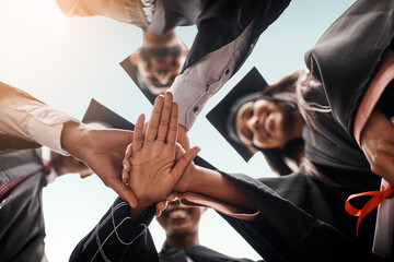 Poster - Students, graduation and group with hands stacked for college celebration outdoor. Below diversity men and women together for university achievement, education success and school graduate event