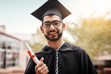 Poster - Man, graduation and portrait of a college student with a diploma and happiness outdoor. Male person happy to celebrate university achievement, education success and future at school event as graduate