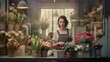 © Irina - Young female florist in grey apron small business flower shop owner receiving order in floral shop with various flowers.