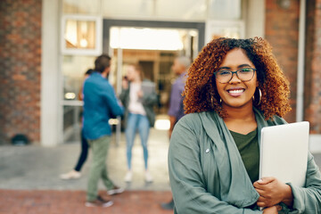 Aufkleber - Portrait, outdoor and woman with a laptop, university and happiness with education, knowledge and start studies. Face, female person or student outside, technology and college for learning and growth