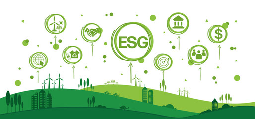 ESG concept icon for business and organization, Environment, Social, Governance and sustainability development concept with green world background, vector illustration