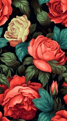 Wall Mural - Vibrant floral pattern featuring lush and blooming roses. Generative AI