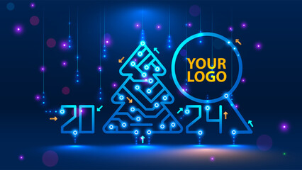 Aufkleber - Template New Year and Happy Christmas cards in the style of new technology. Christmas tree, 2024 year on printed circuit Board. Snowfall, snow flakes from the electronic pulses and signals. Tech 2024.